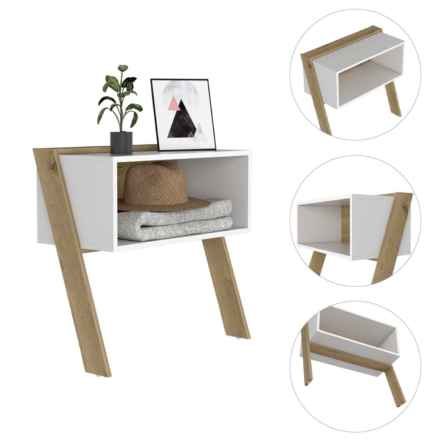 Modern white bedside table with angled wood legs and open storage