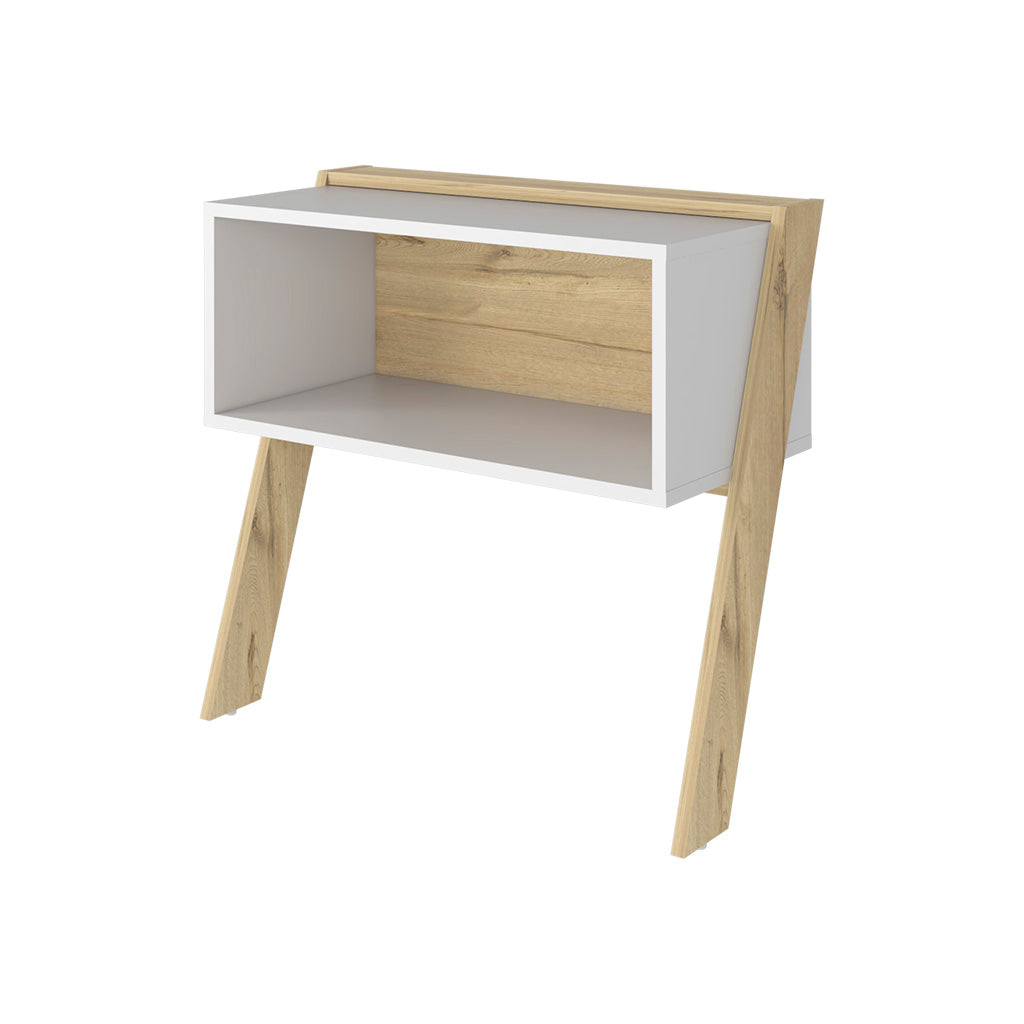 Modern white cube shelf with angled oak legs
