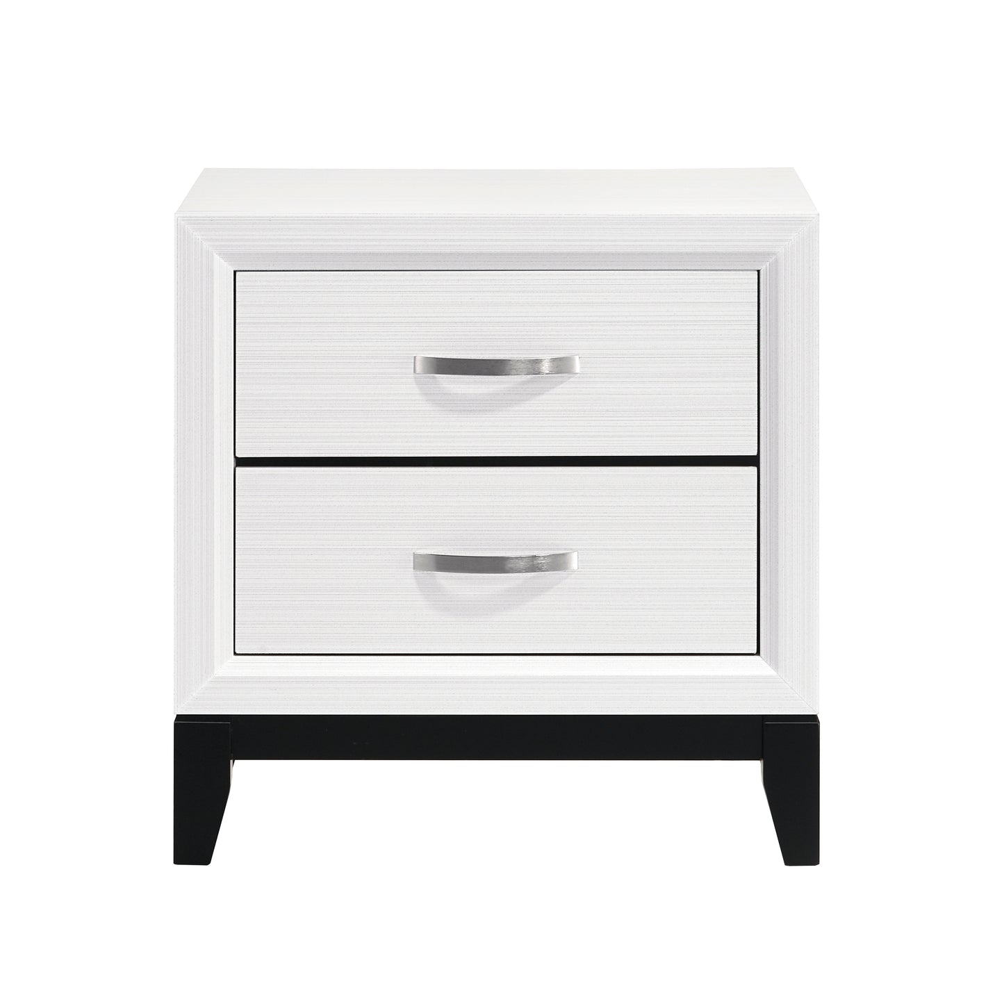 White twodrawer nightstand with silver pull handles and black legs