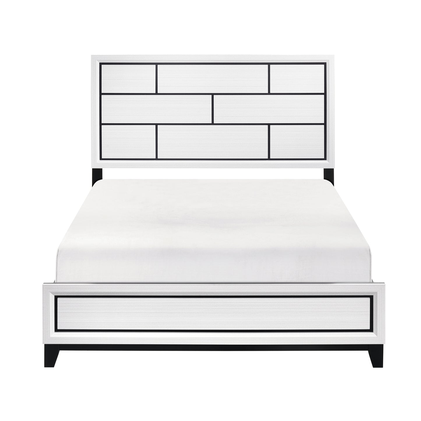 Modern white and black platform bed frame with geometric headboard