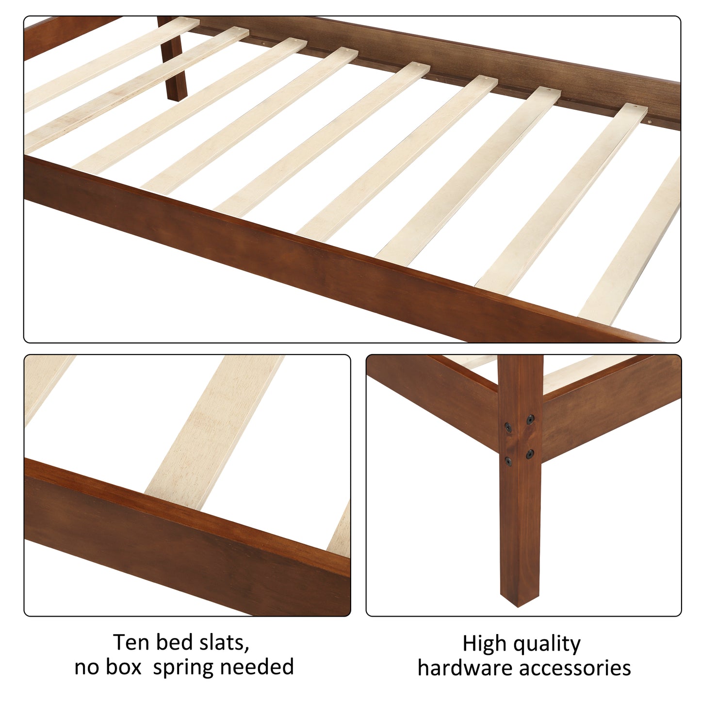 Wooden bed frame showing ten sturdy wooden slats for mattress support