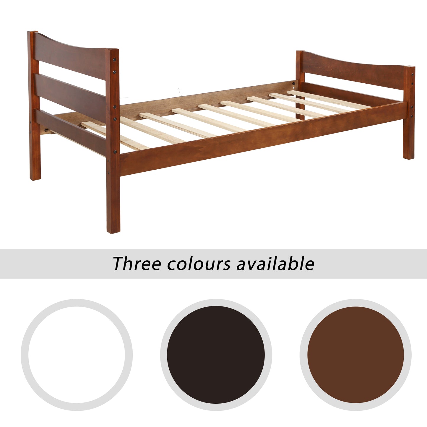 Wooden twin bed frame in rich espresso with slatted base and curved headboard