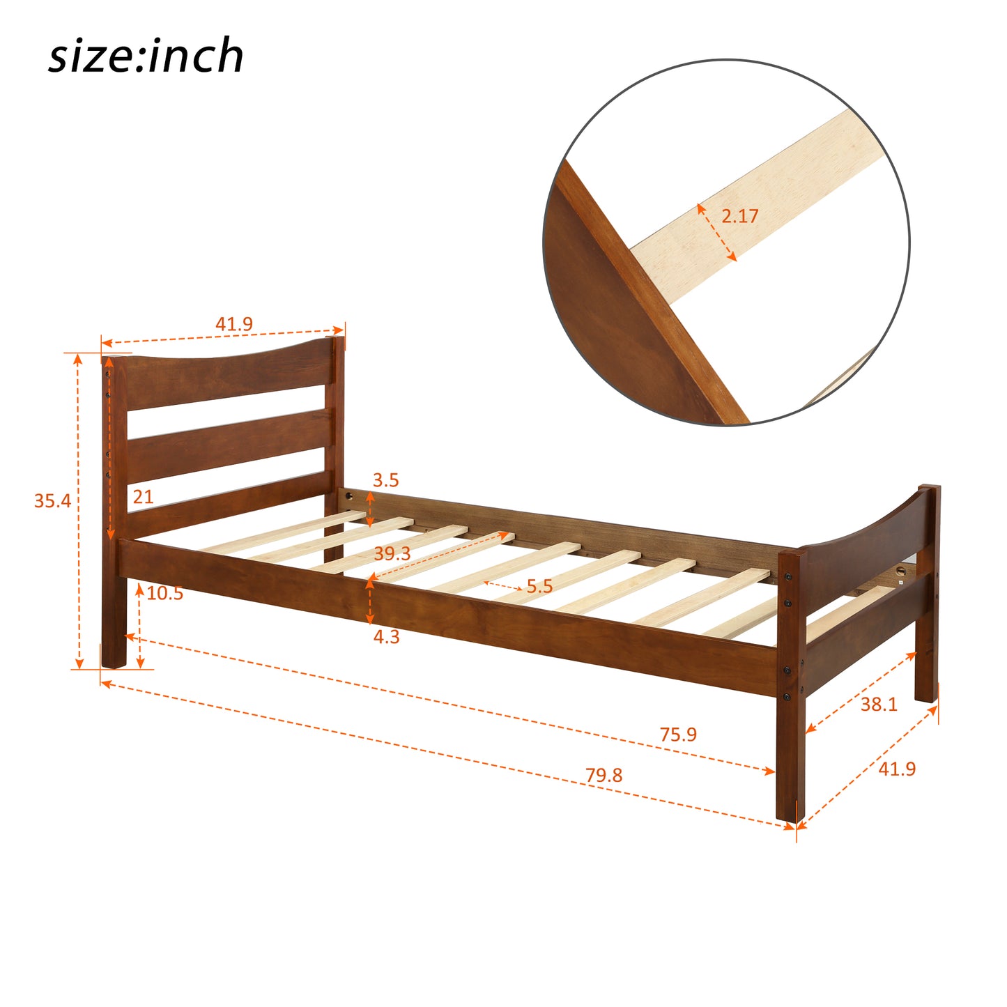 Brown wooden twin bed frame with slatted base and dimensions shown