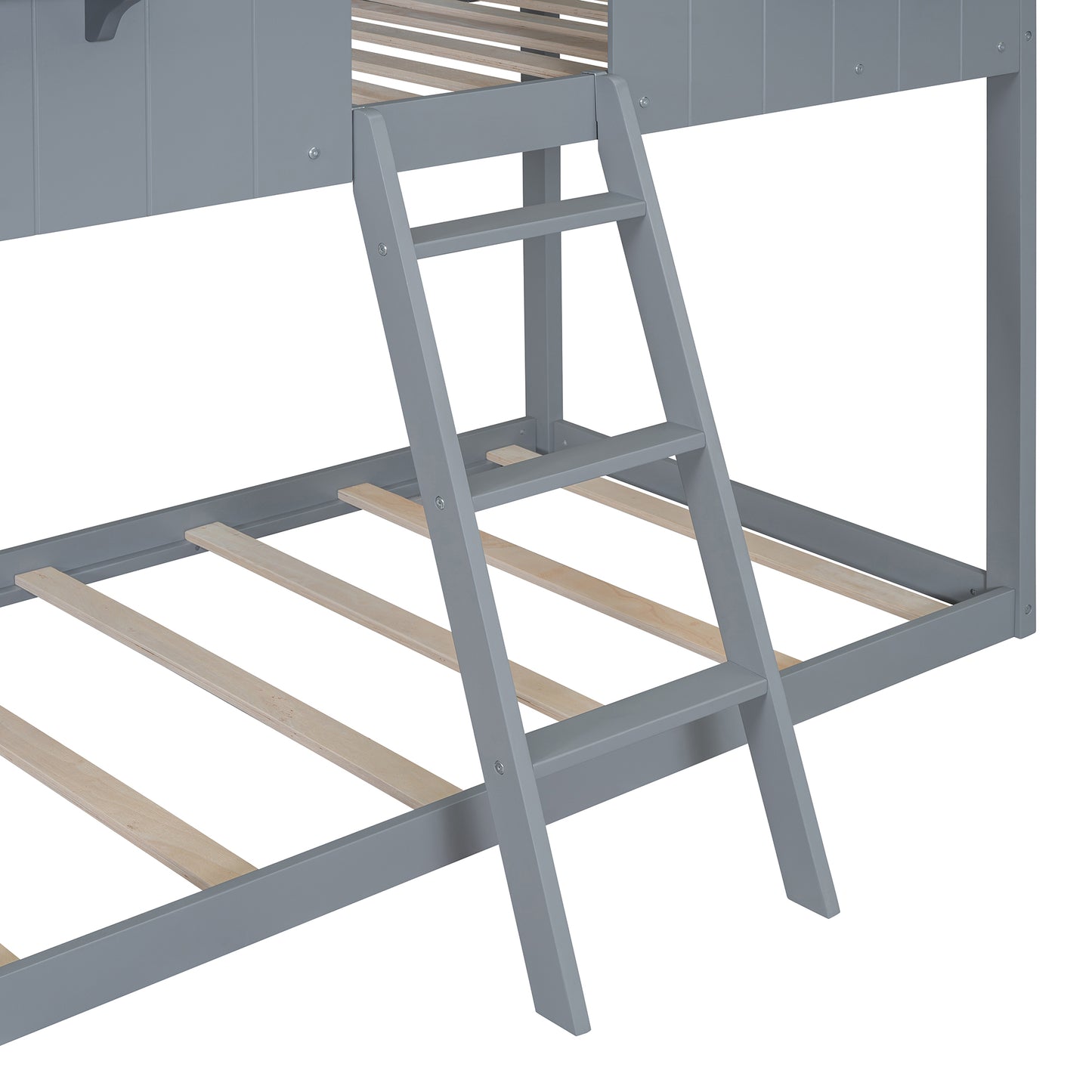 Gray wooden bunk bed ladder with slatted base detail