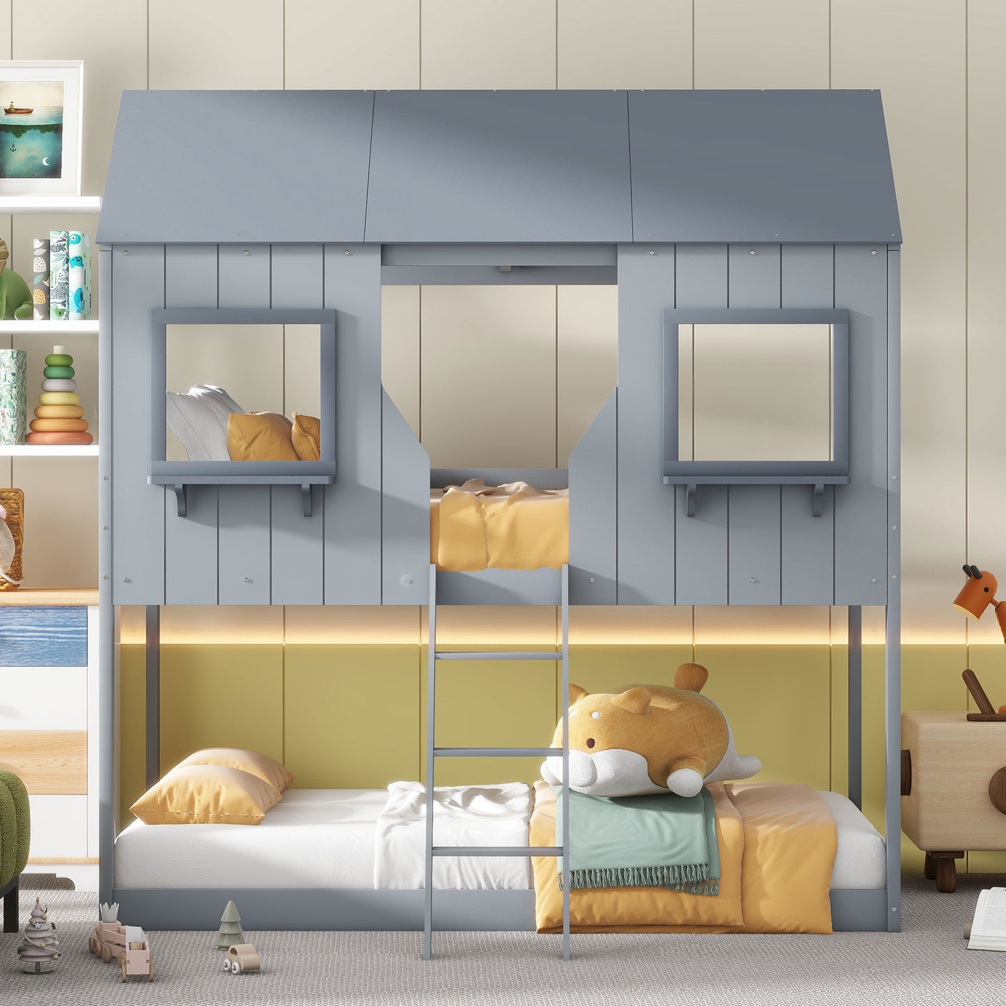 Gray wooden houseshaped bunk bed with a playful design