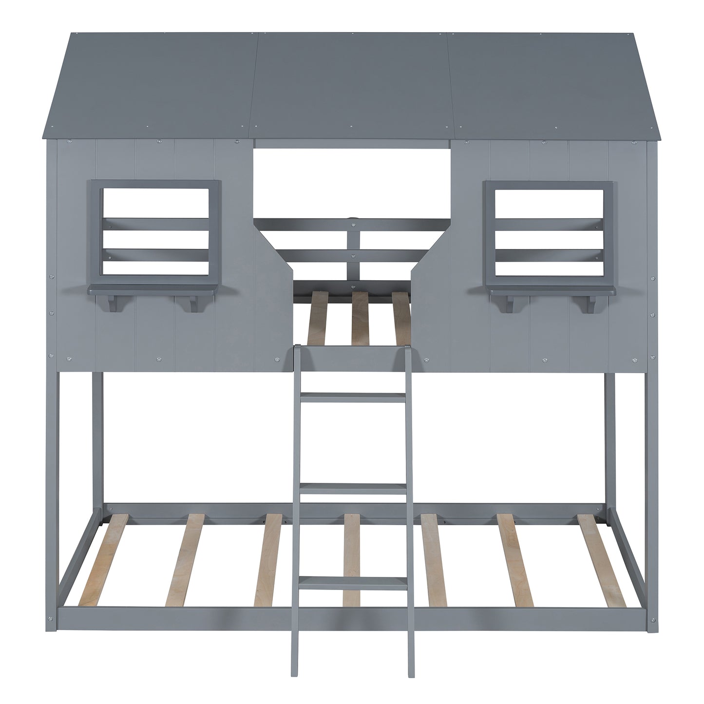 Gray wooden twin bunk bed with houseshaped frame and ladder