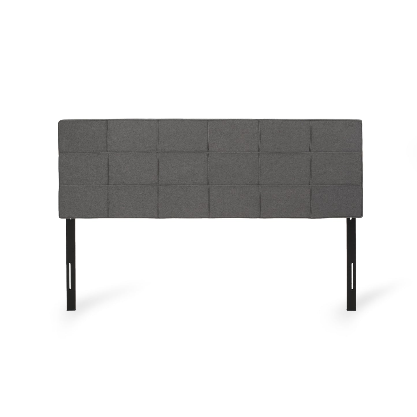 Dark grey fabric headboard with square tufting and black metal legs