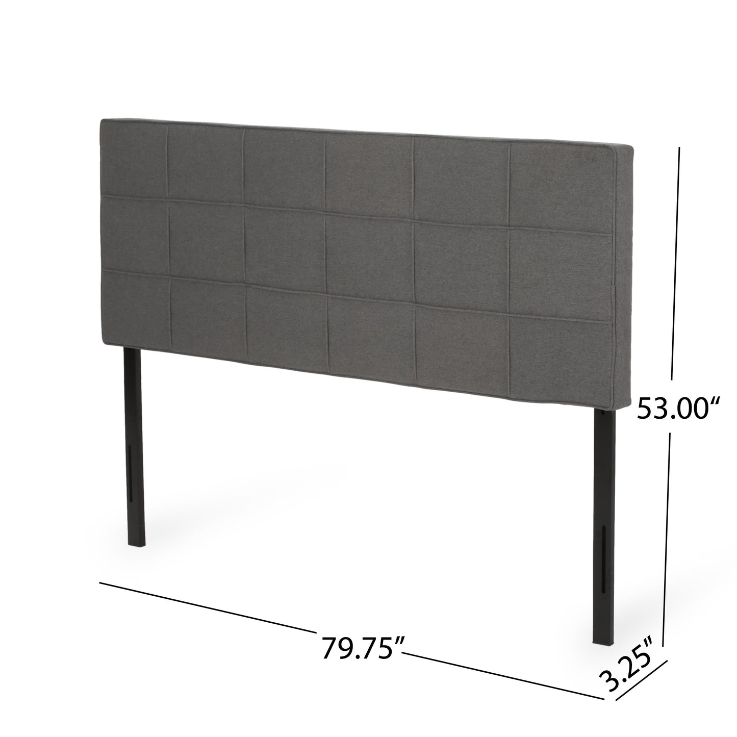 Dark grey upholstered headboard with subtle tufting and black metal legs