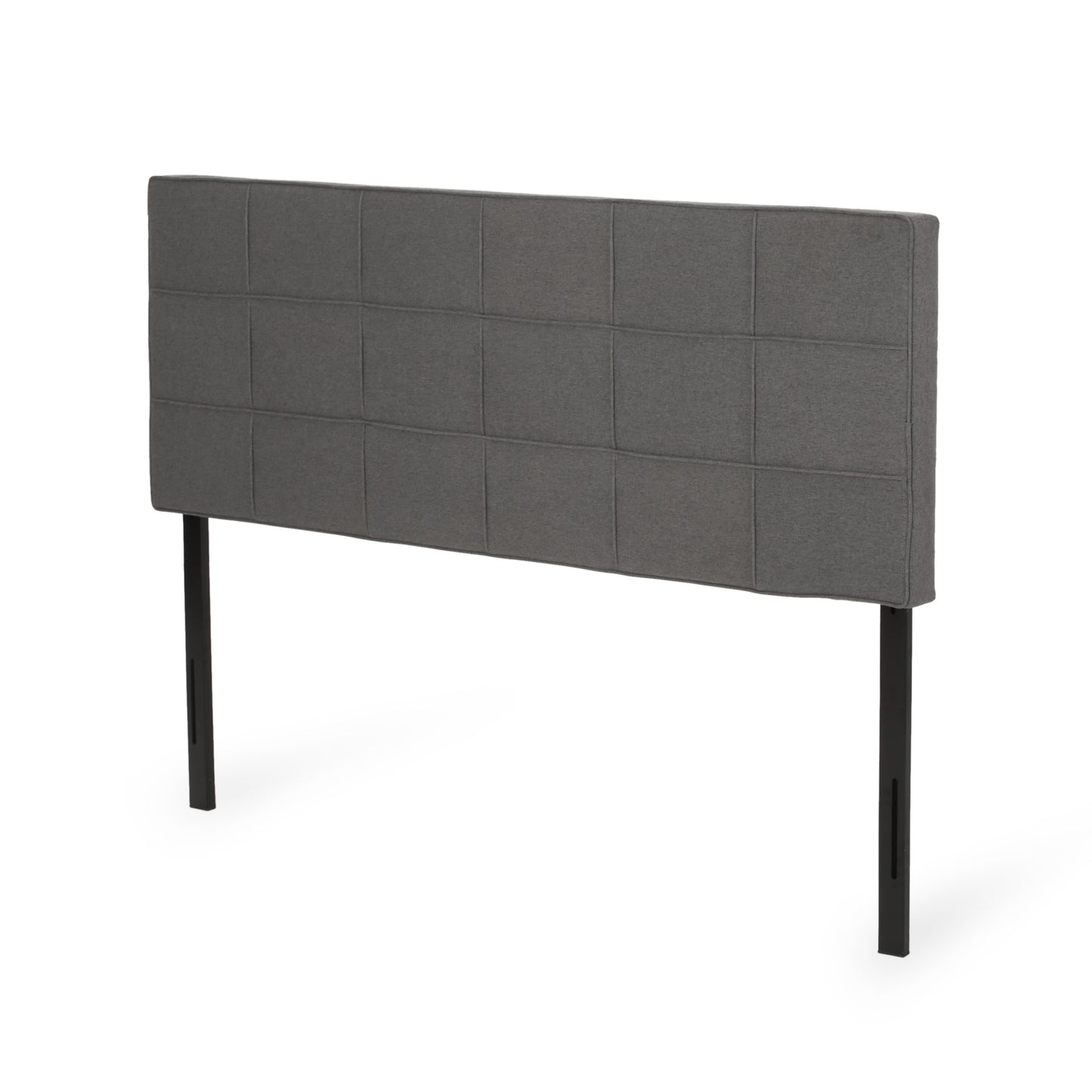 Gray upholstered headboard with tufted squares and black metal legs