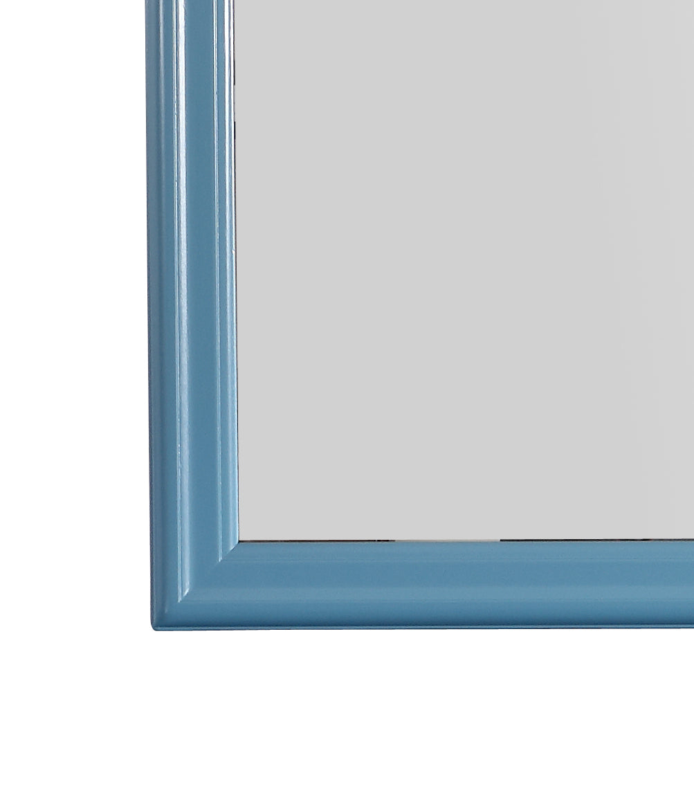 Closeup of a distressed blue wooden framed mirror