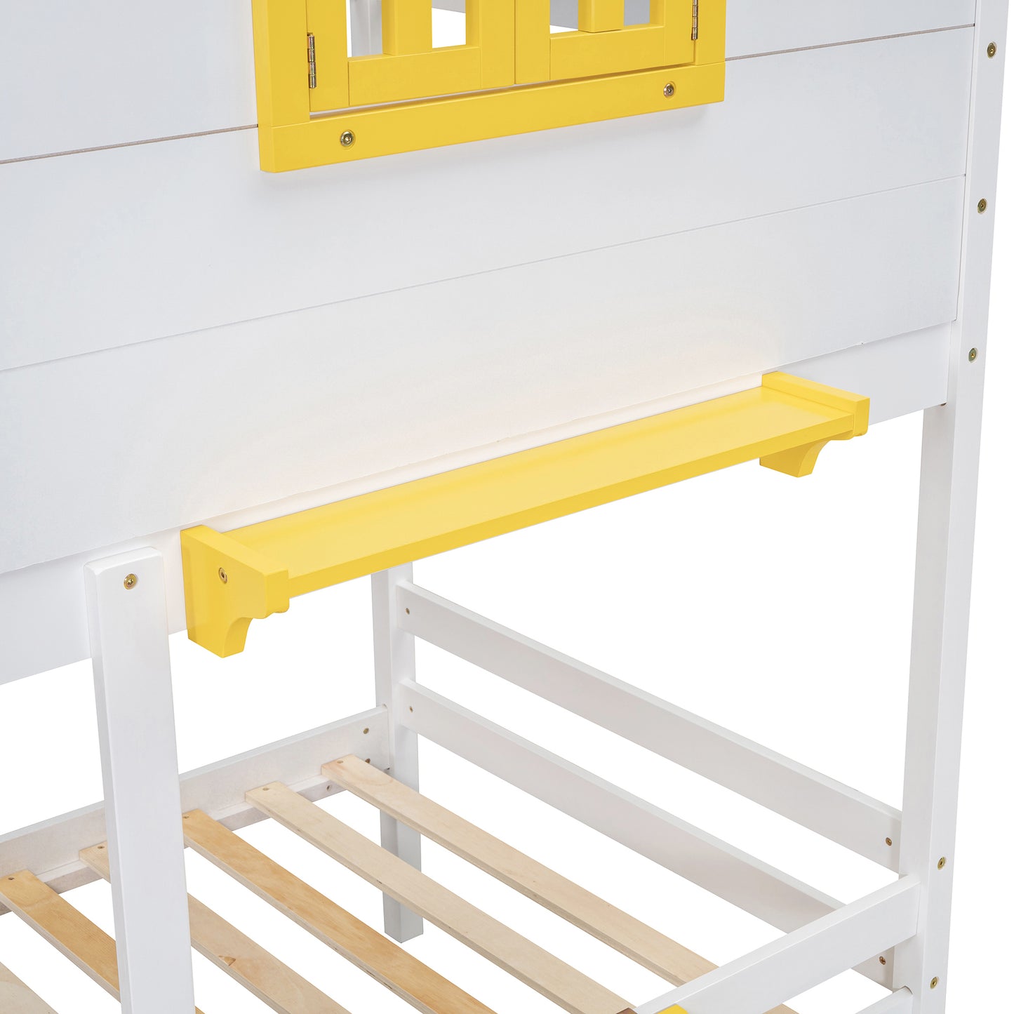 White and yellow bunk bed with shelf detail