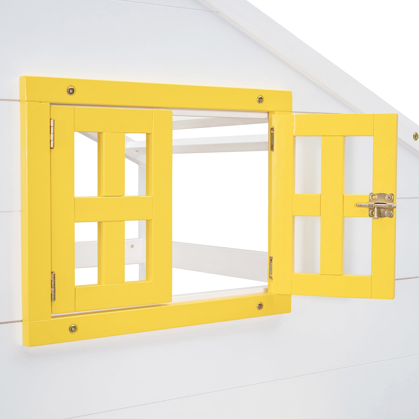 Yellow wooden playhouse window with open shutter