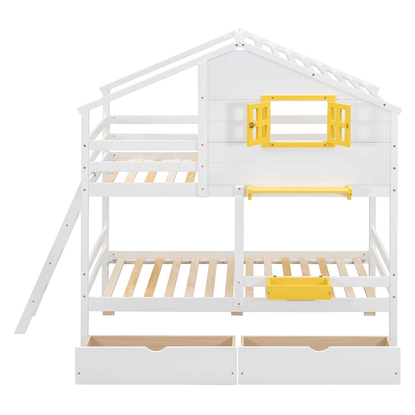 White wooden bunk bed with yellow accents and storage drawers