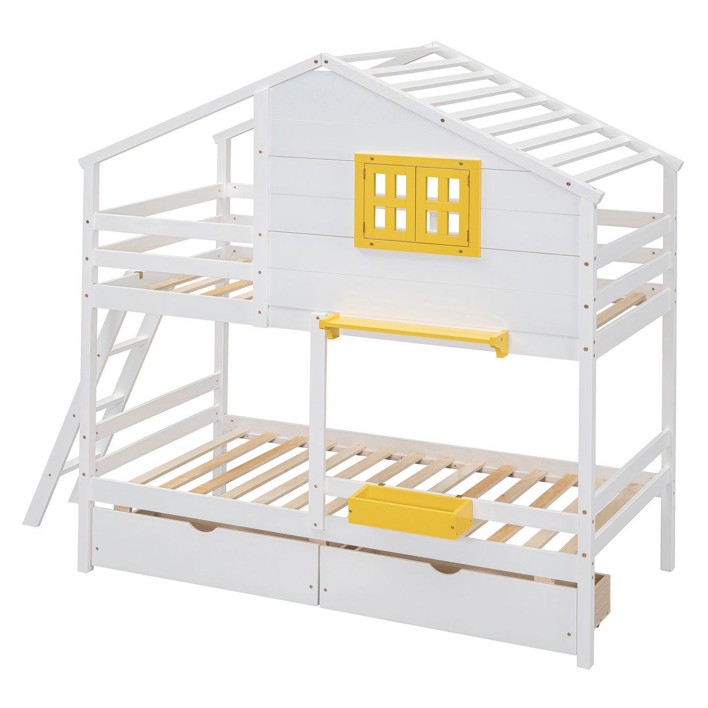 White wooden house bunk bed with yellow accents