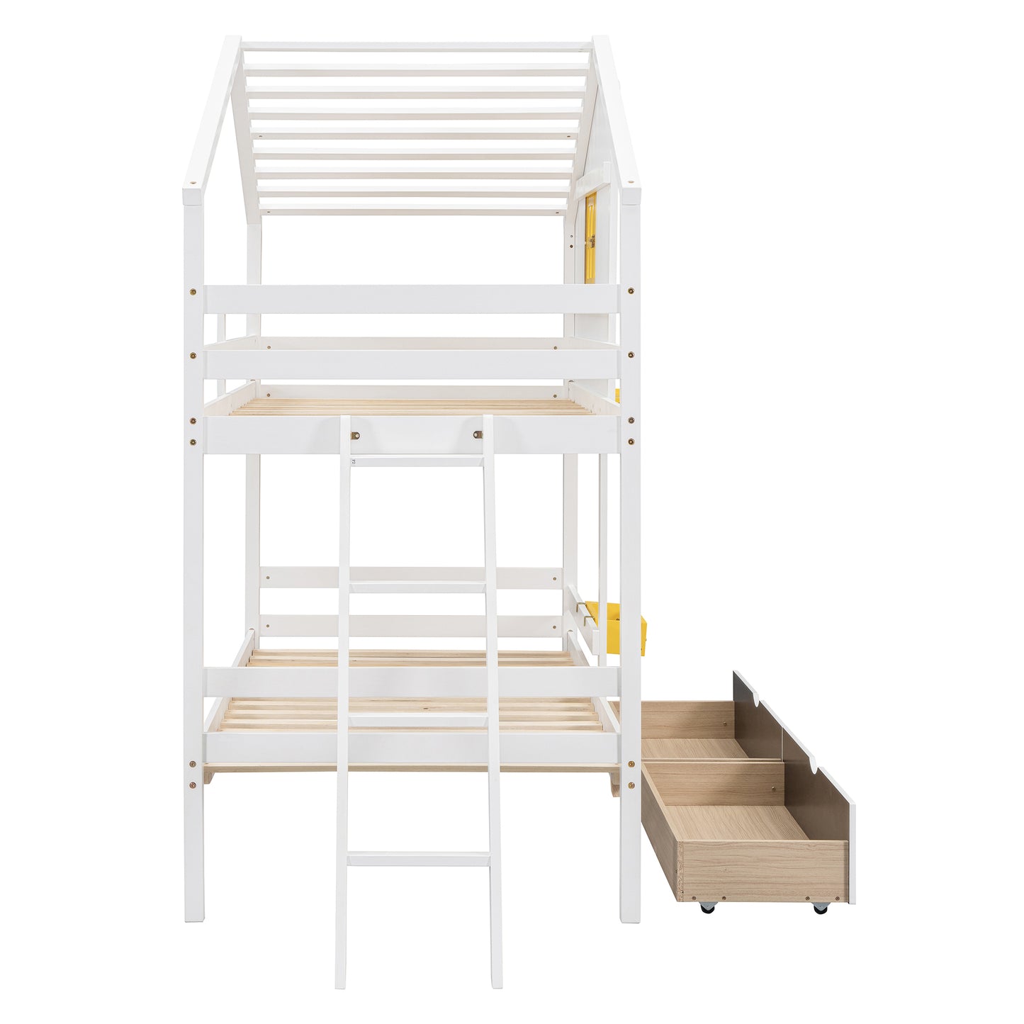 White wooden bunk bed with ladder and storage drawers