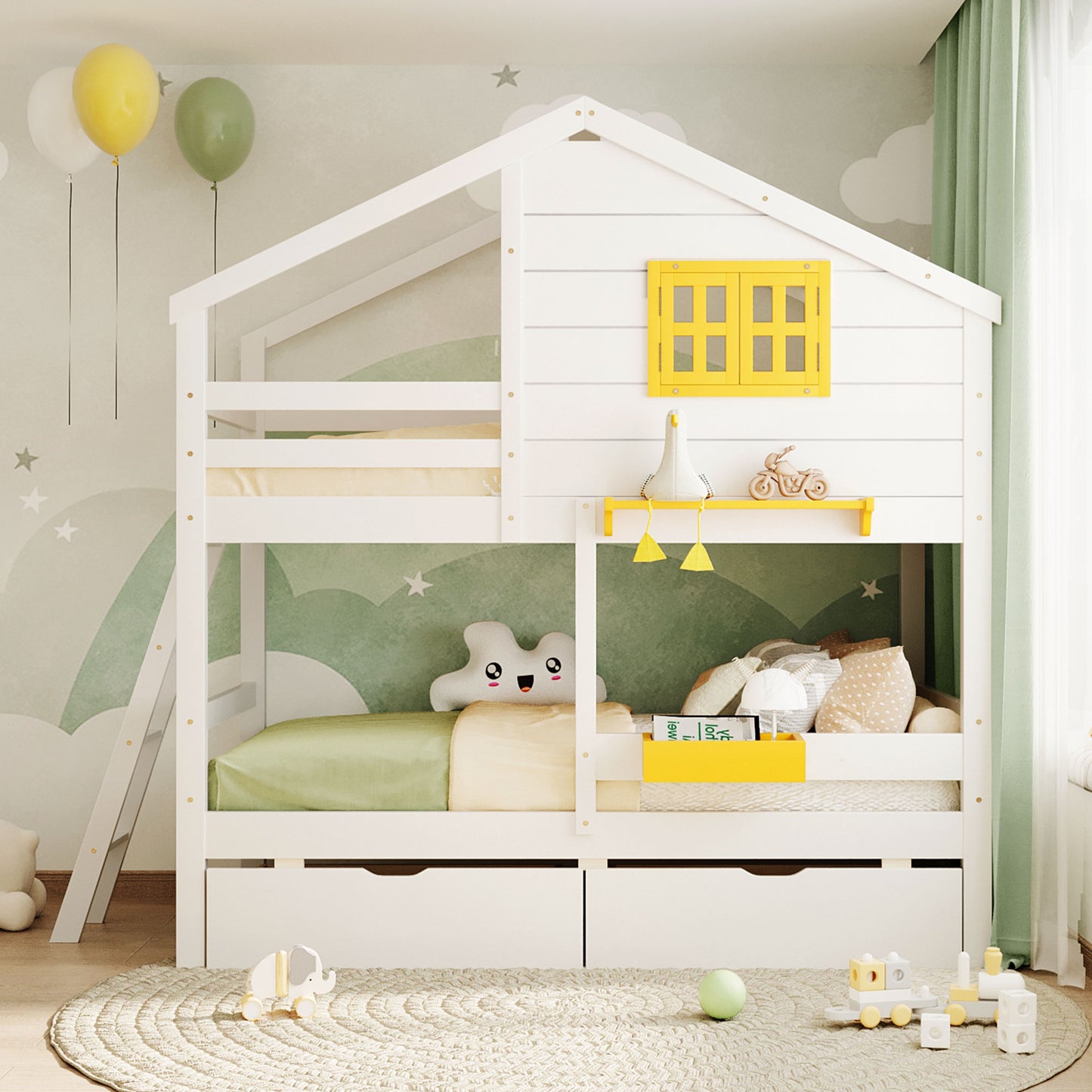 White wooden house bunk bed for kids with yellow window accents
