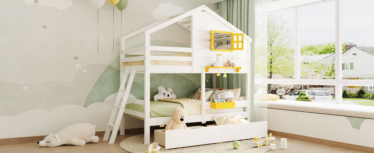 White wooden houseshaped bunk bed with yellow accents for kids