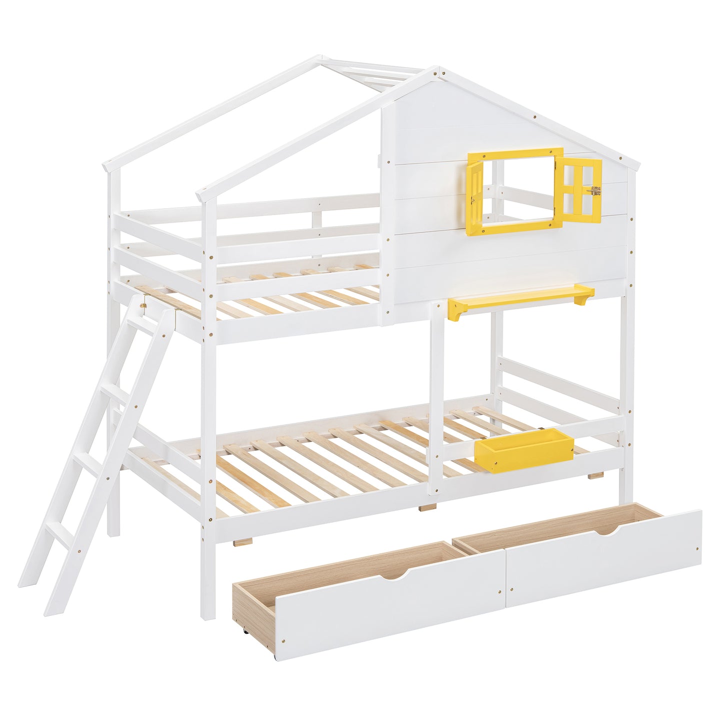 White wooden houseshaped bunk bed with yellow window accents and storage drawers