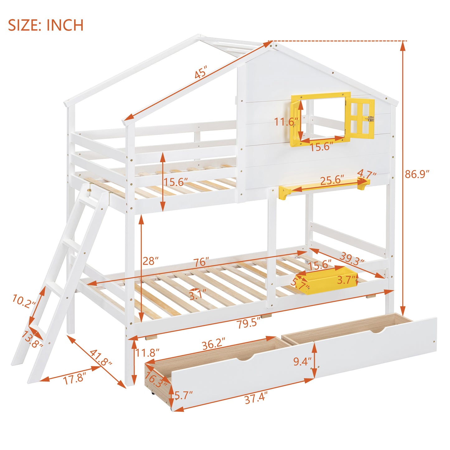 White wooden twin over twin bunk bed with ladder and storage drawers