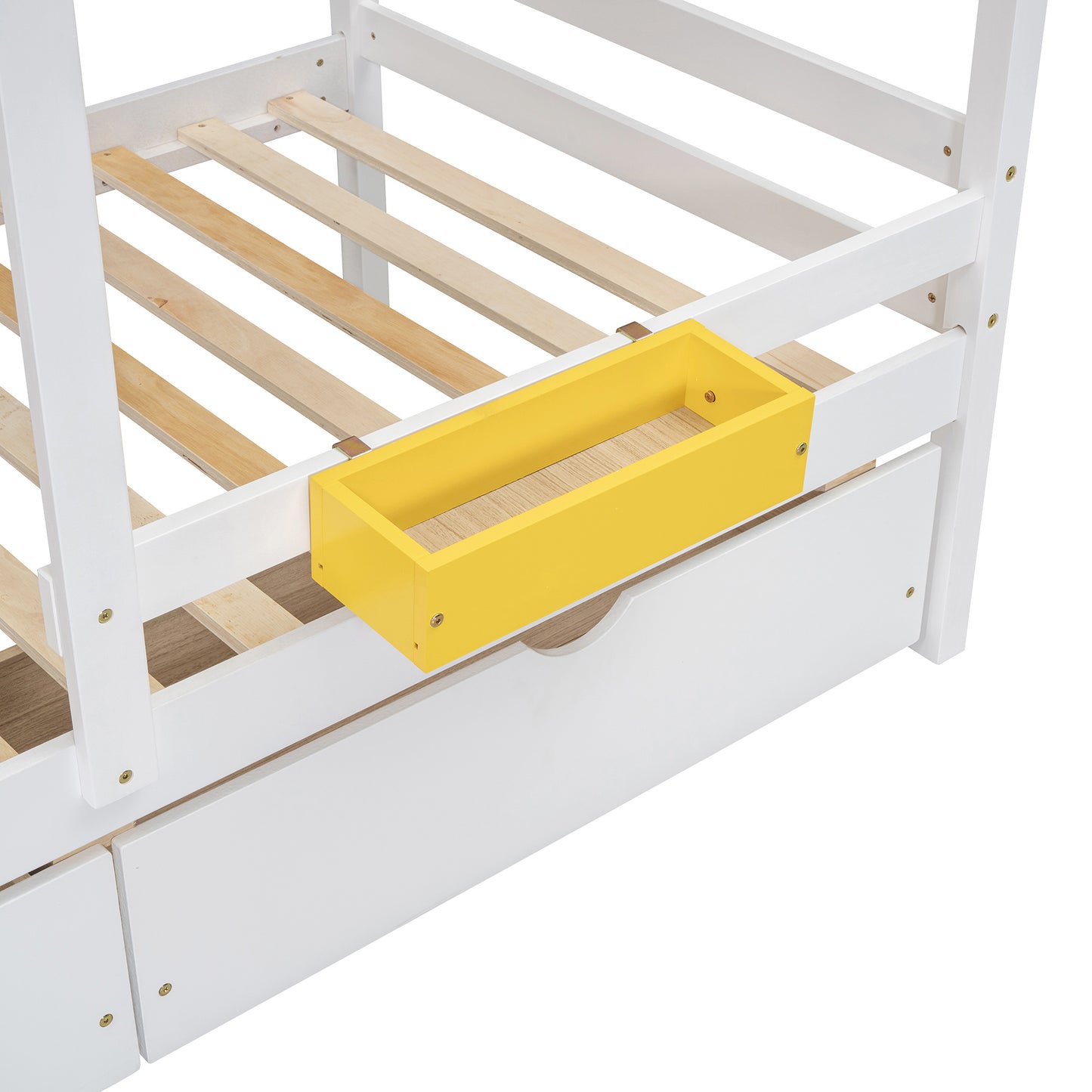 White wooden bed frame with yellow bedside tray and drawers