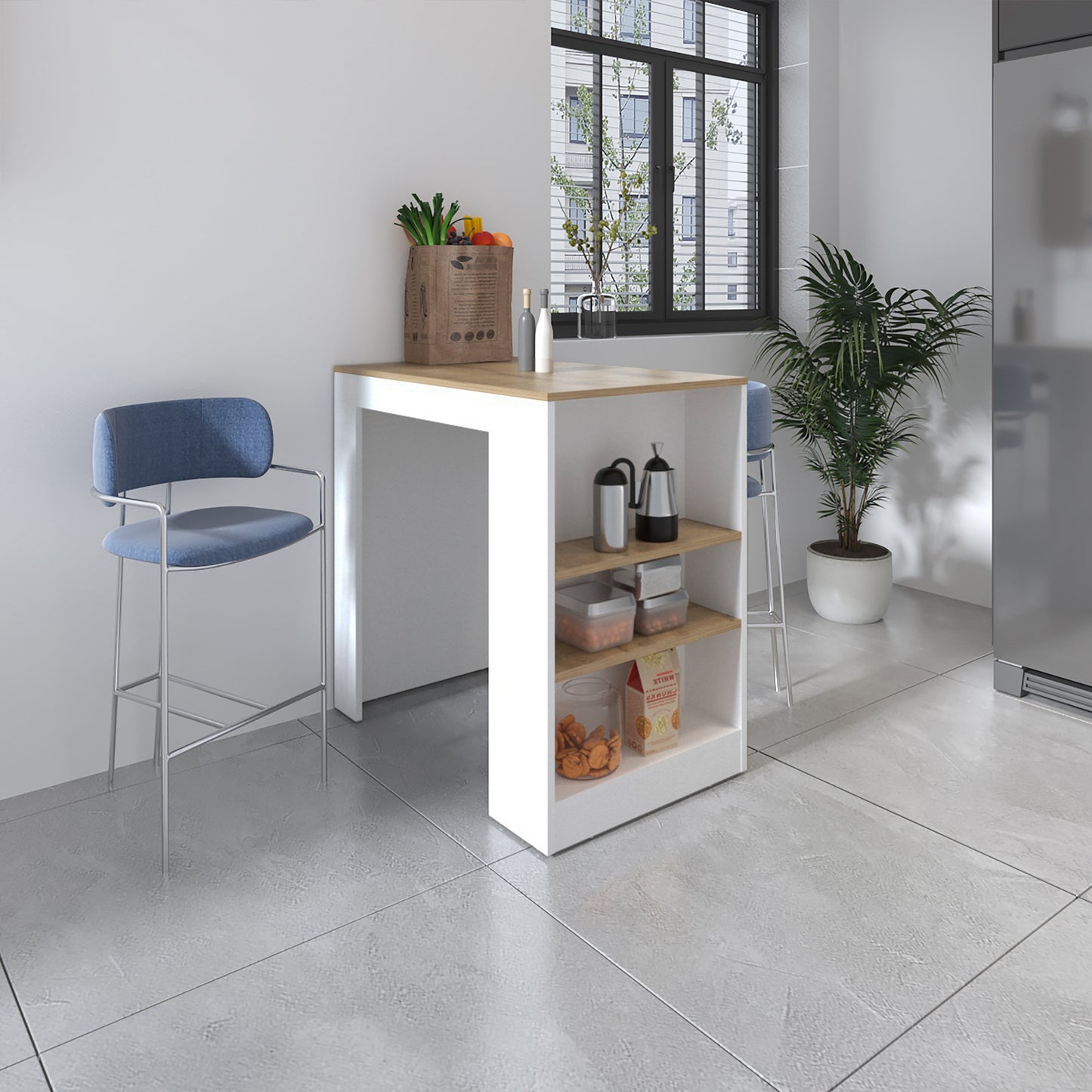 Modern white kitchen island table with blonde wood top and storage shelves