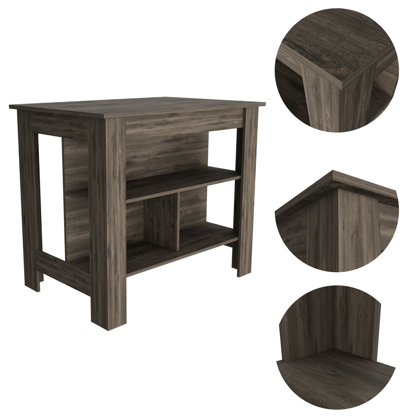 Gray wood kitchen island with open shelving