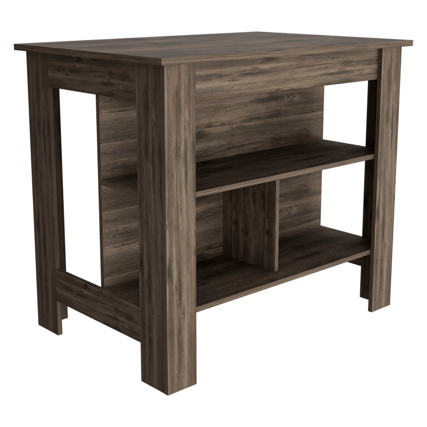 Dark brown wood console table with open shelving and clean lines