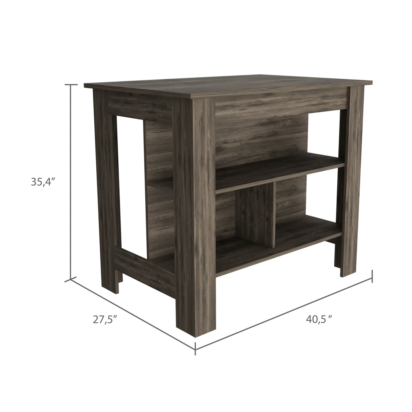 Rustic brown wood kitchen island with open shelving