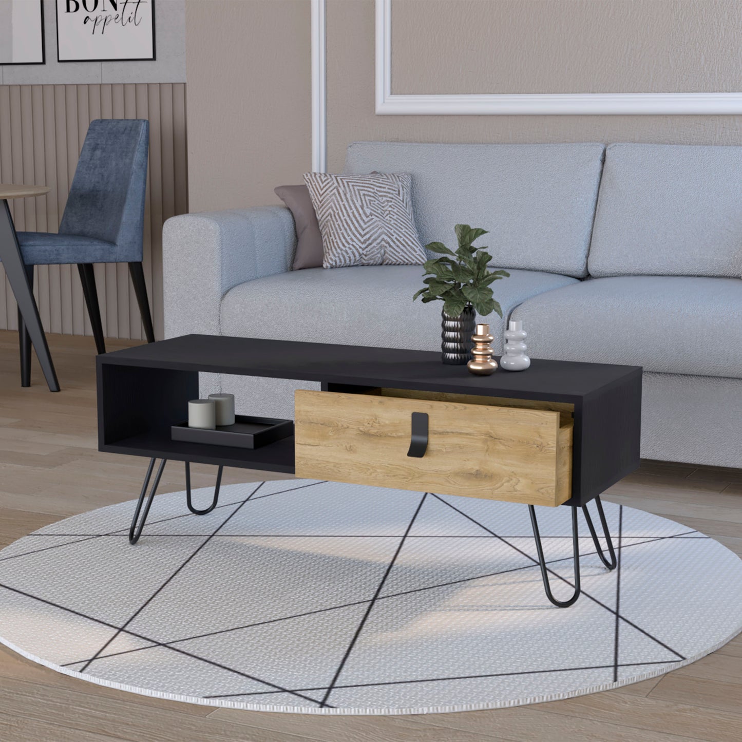 Black modern coffee table with wood drawer and hairpin legs