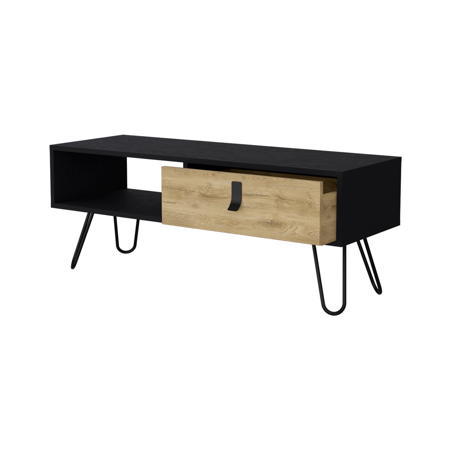 Black media console with blonde wood drawer and hairpin legs
