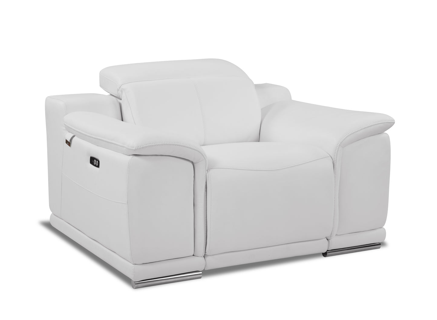 White leather electric recliner chair with chrome accents