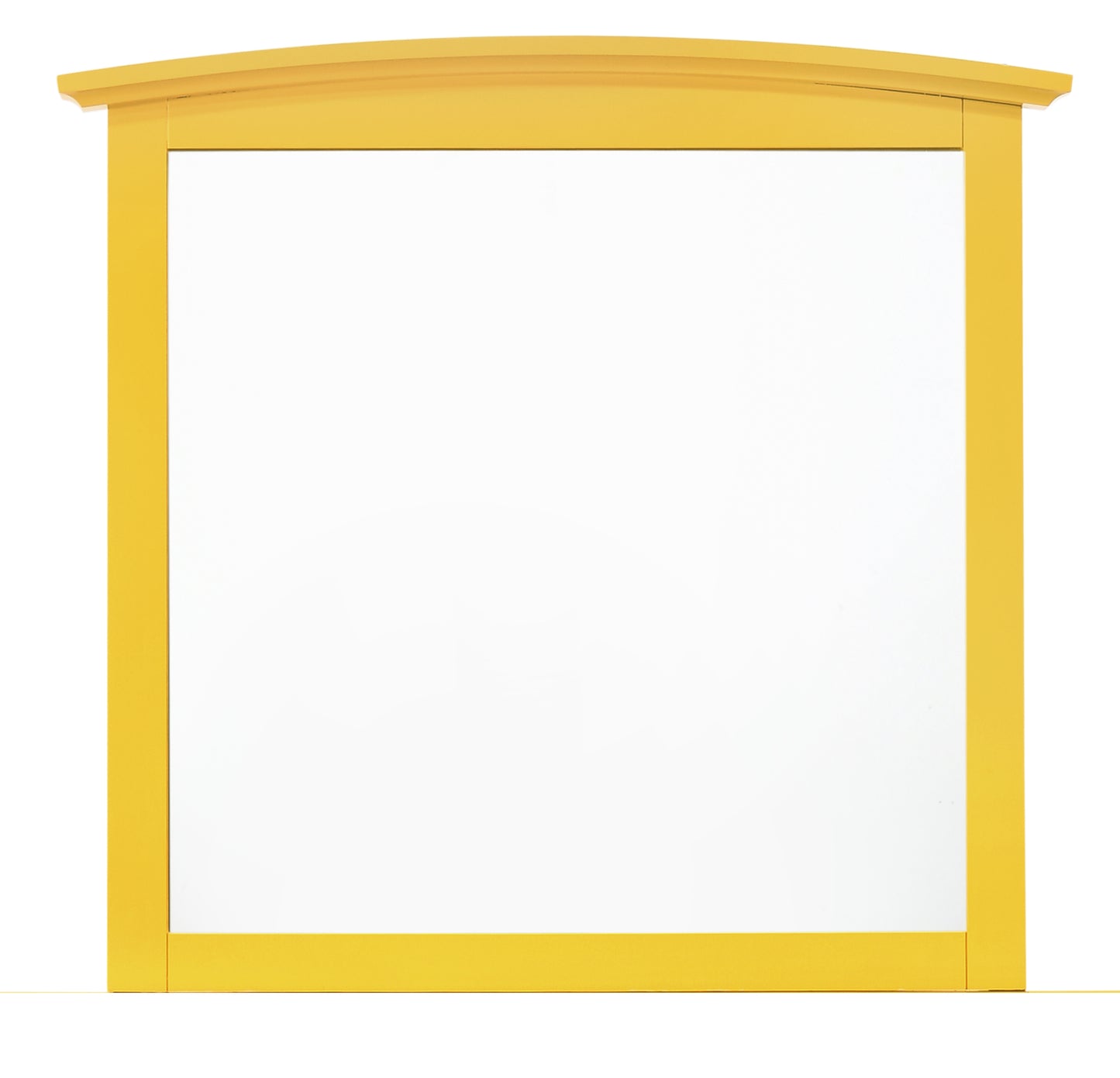 Bright yellow wooden vanity mirror with curved top