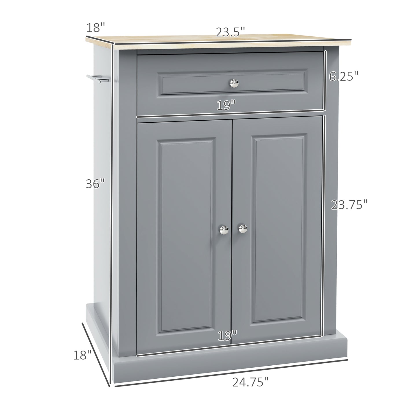 Gray kitchen island cart with natural wood top and chrome handles