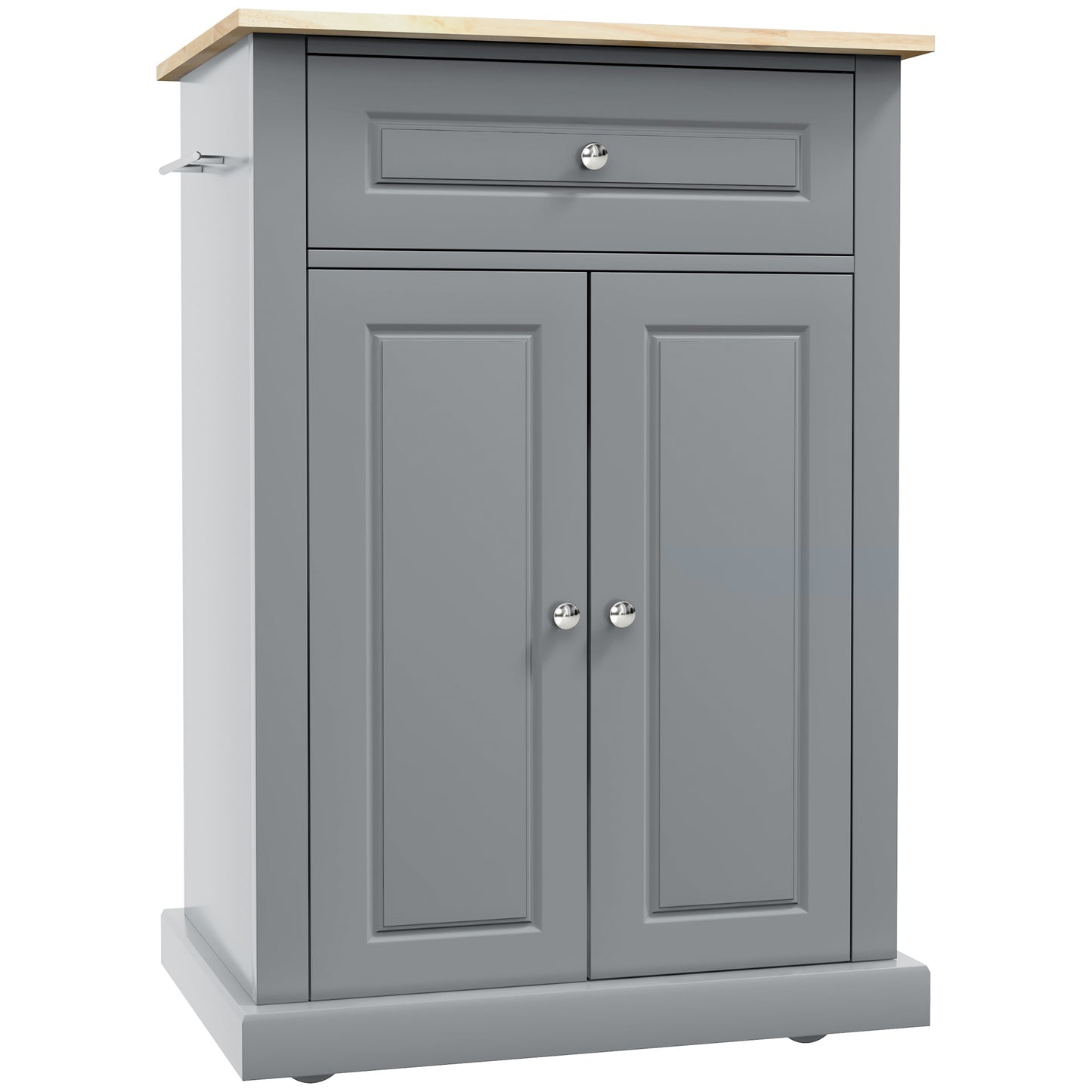 Gray kitchen island cabinet with wood top and two doors