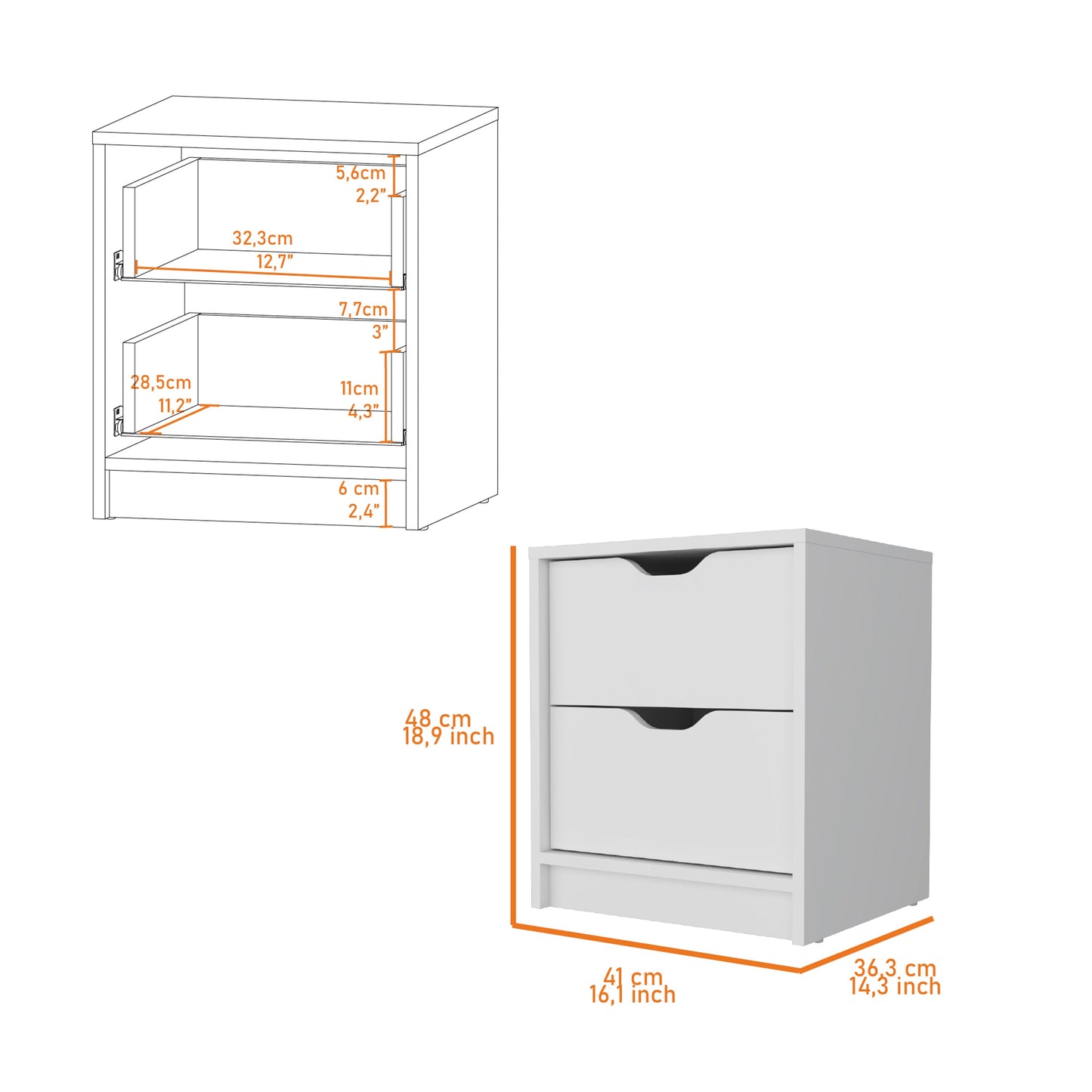 White twodrawer nightstand with cutout handles