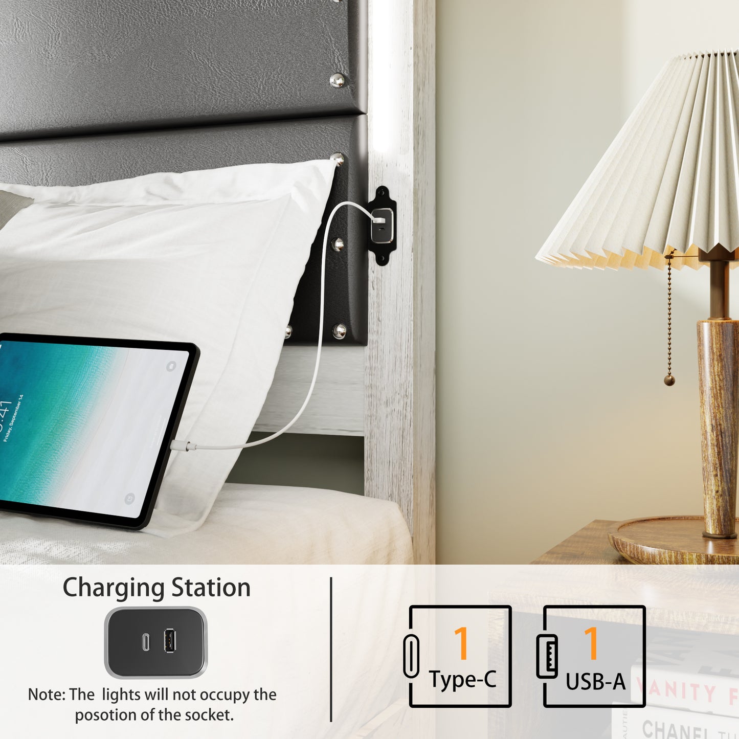 Bedside charging station with USBC and USBA ports