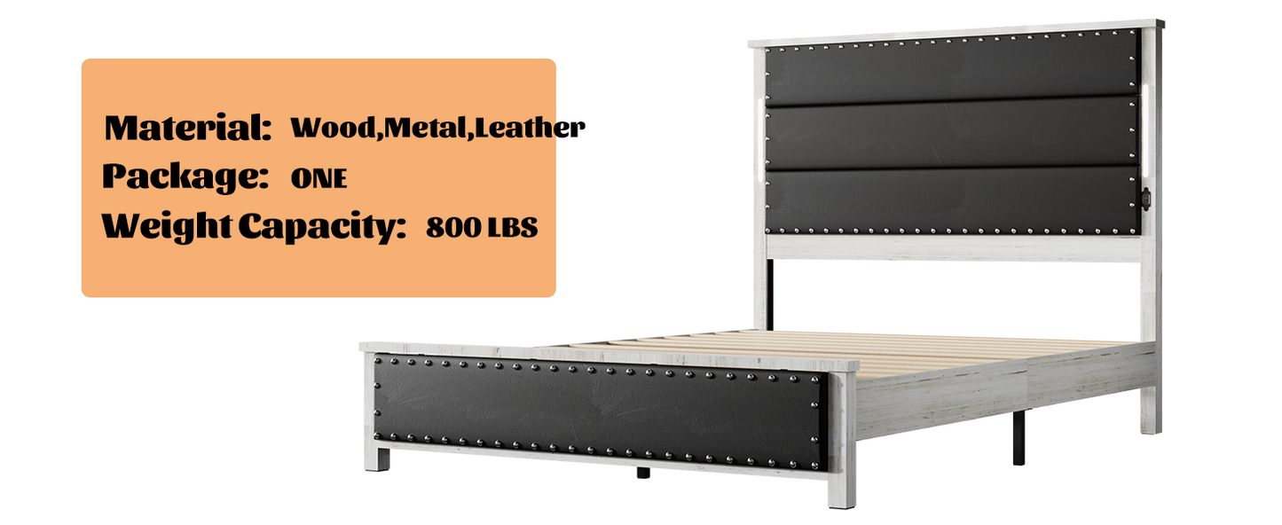 Rustic distressed wood and black leather upholstered bed frame with nailhead trim