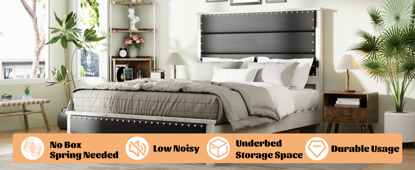 Modern platform bed with tufted black headboard and rustic white wood frame