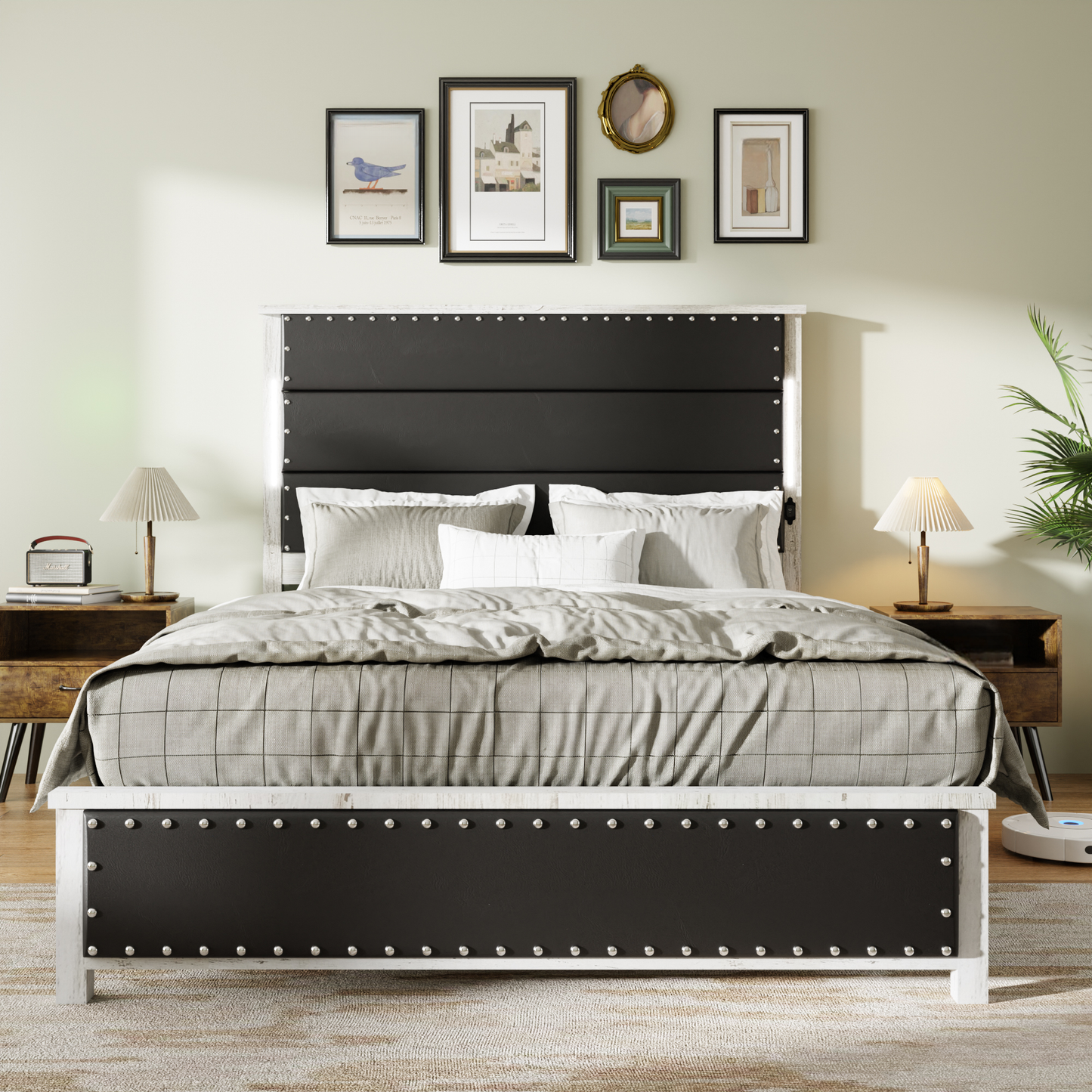 Black tufted headboard bed frame with silver nailhead trim