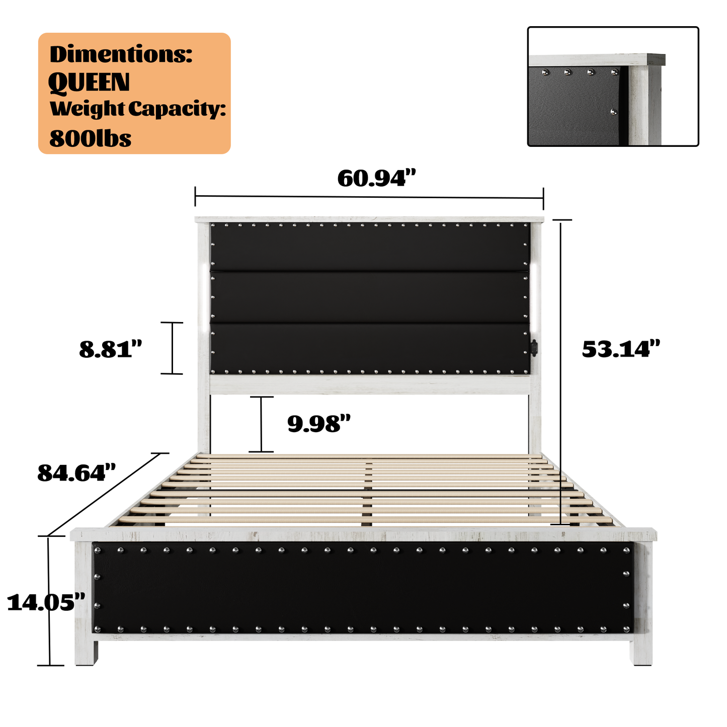 Queen size upholstered bed frame with distressed white wood and black tufted headboard