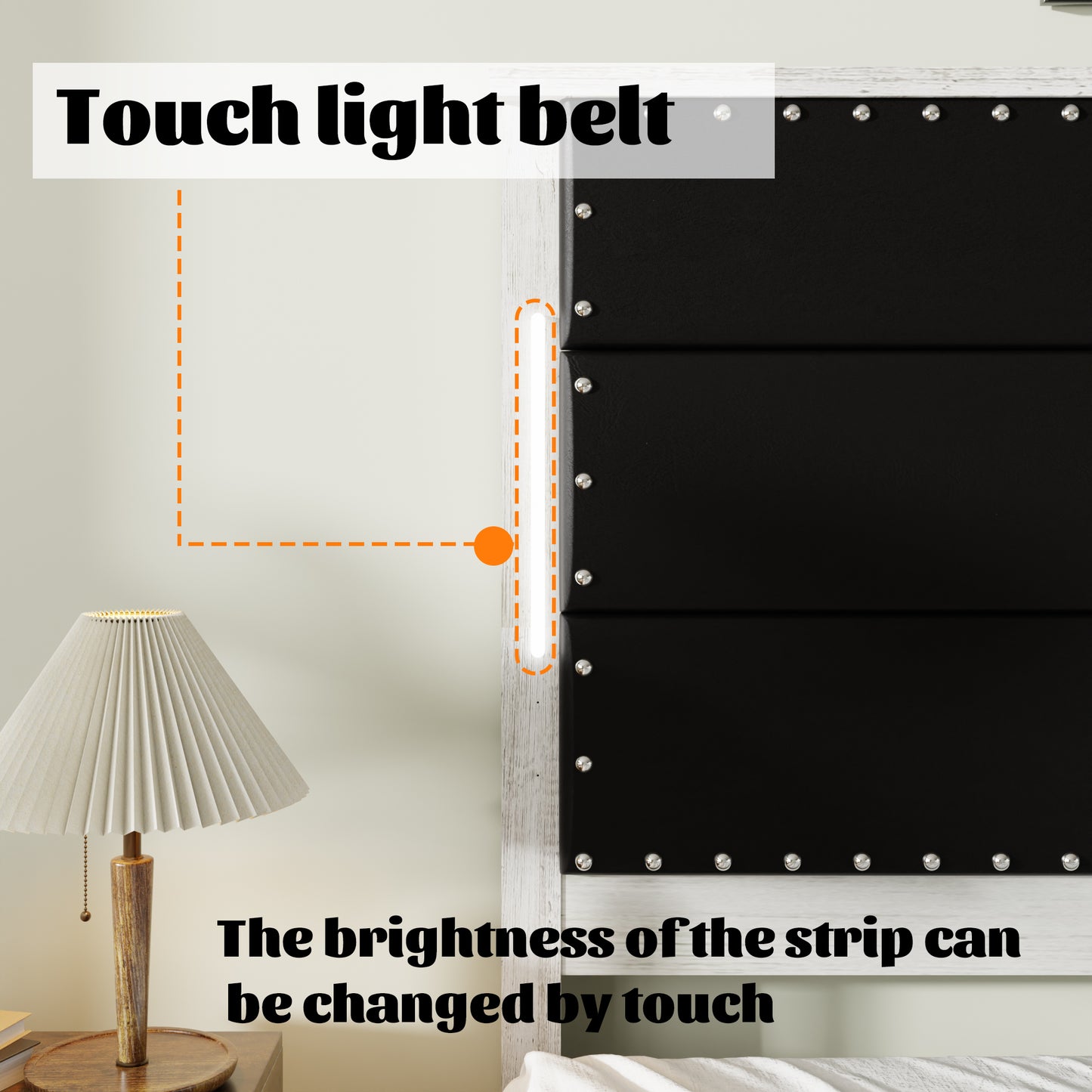 Black upholstered headboard with integrated touchsensitive LED light strip