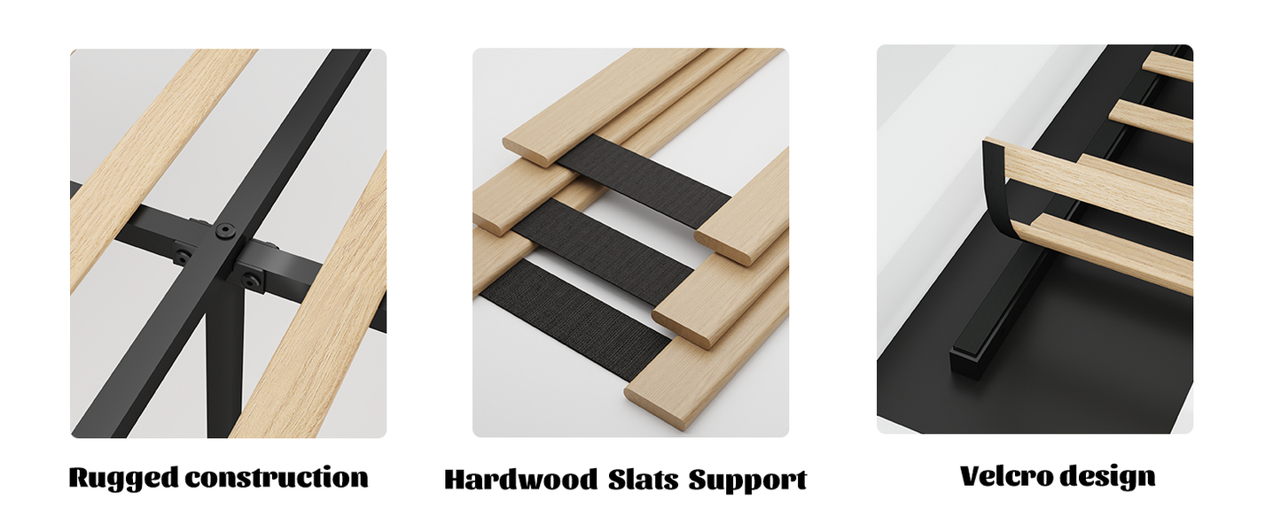 Closeup of a sturdy black metal frame with wooden slats showcasing rugged construction for bed support