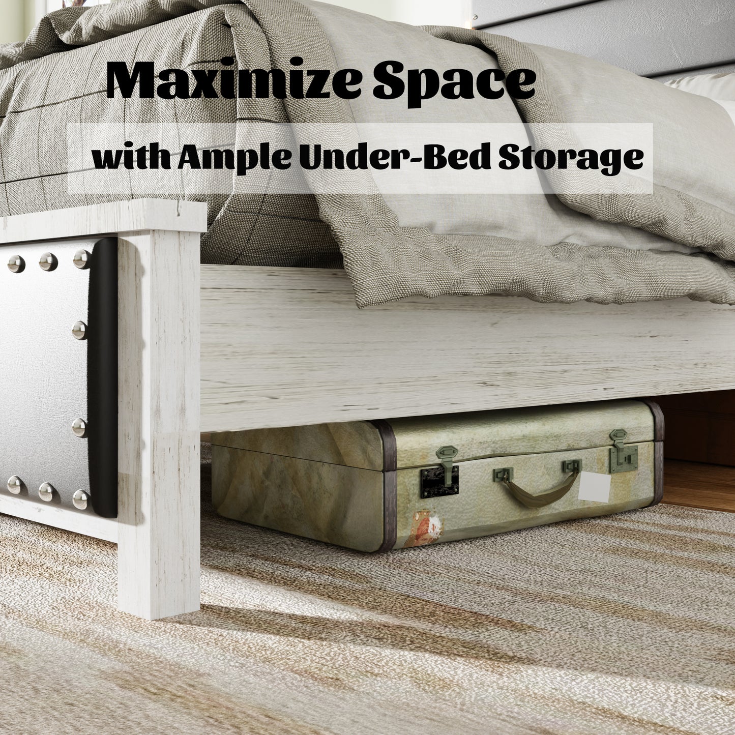 Rustic distressed white wood bed frame with vintage suitcase storage
