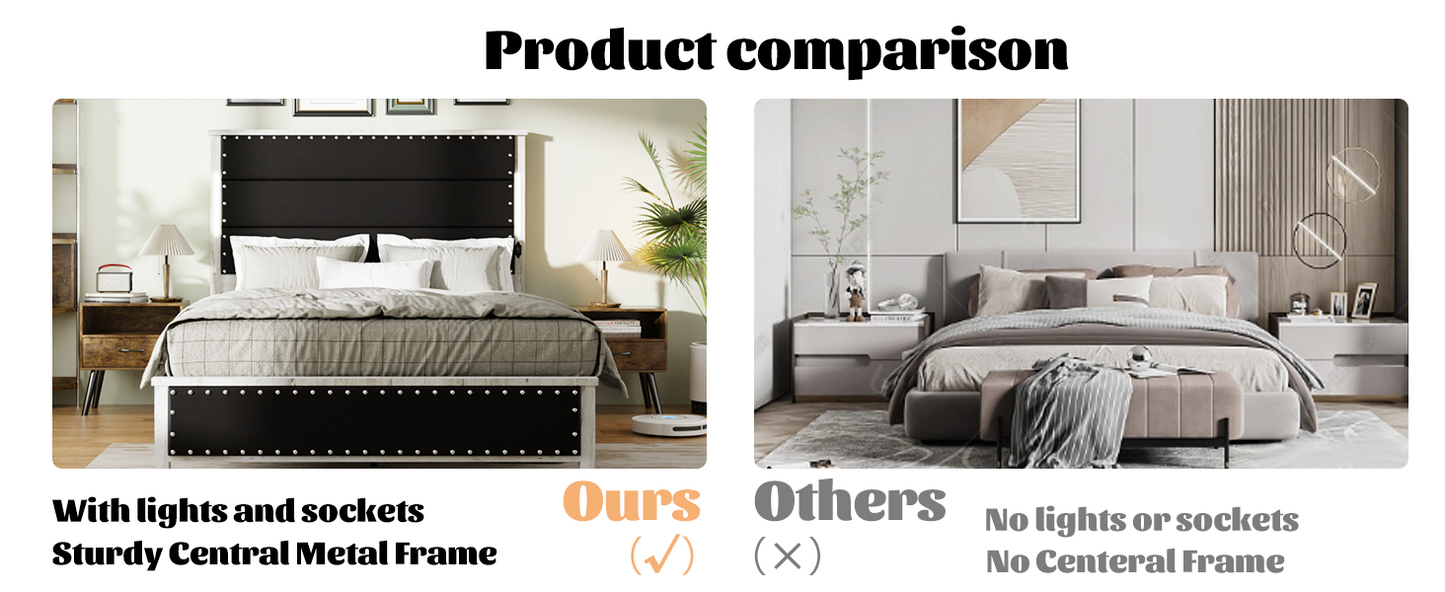 Black upholstered platform bed with silver nailhead trim and integrated nightstands