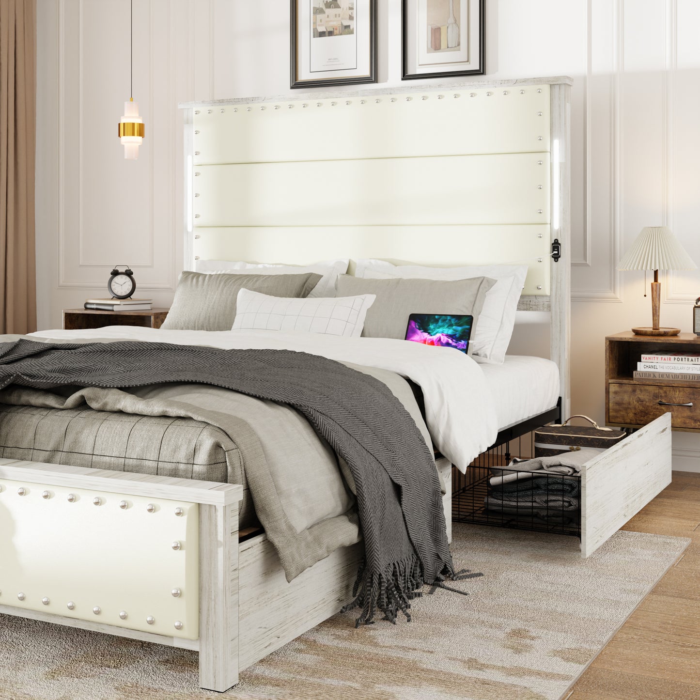 White upholstered queen bed frame with silver nailhead trim and builtin LED lights