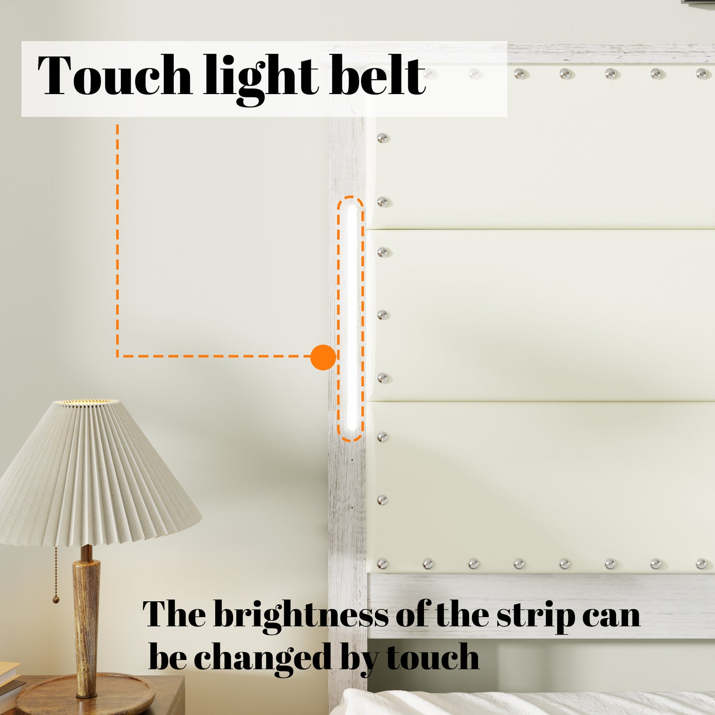 Cream upholstered headboard with embedded touchcontrolled light belt
