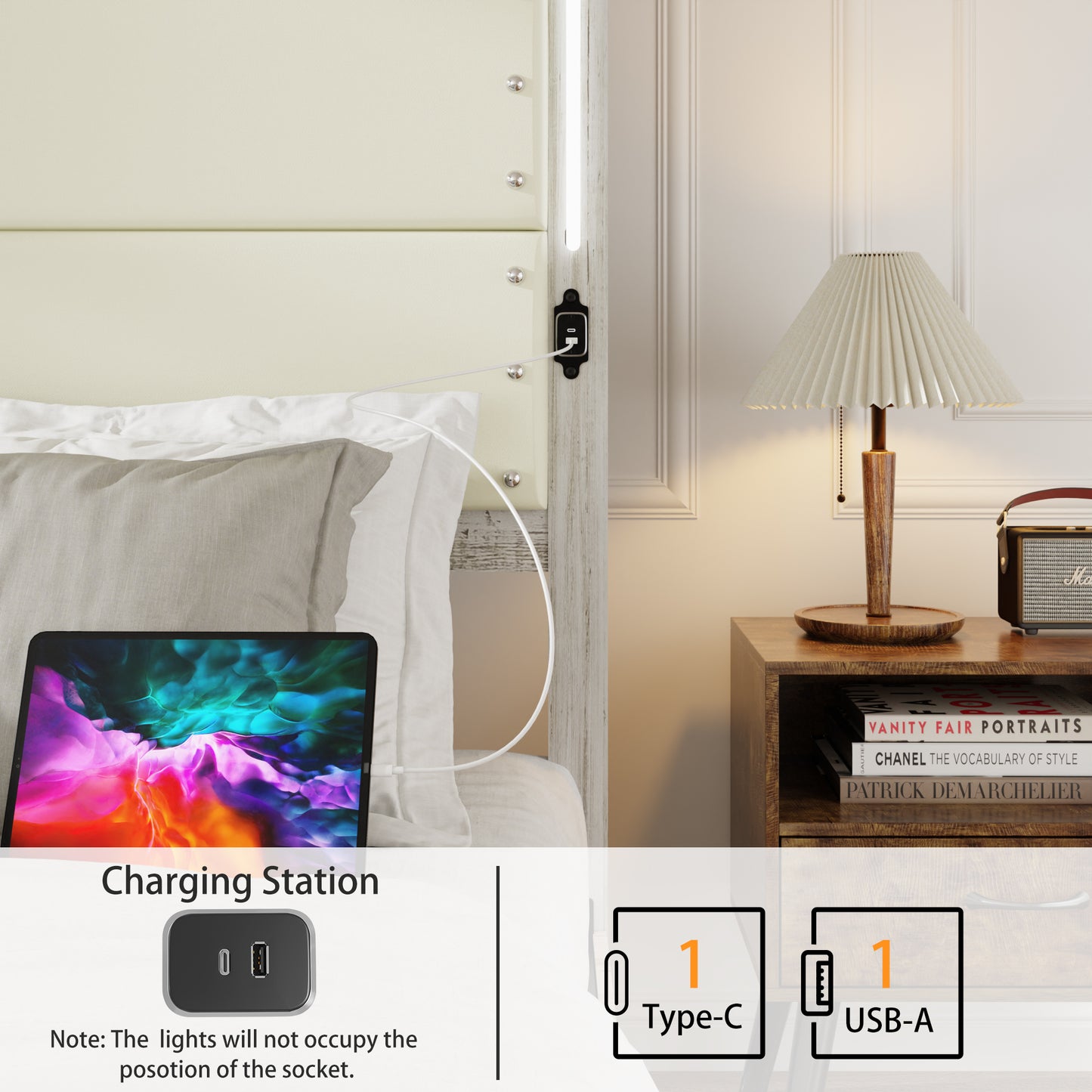 Integrated bedside charging station with USBA and TypeC ports