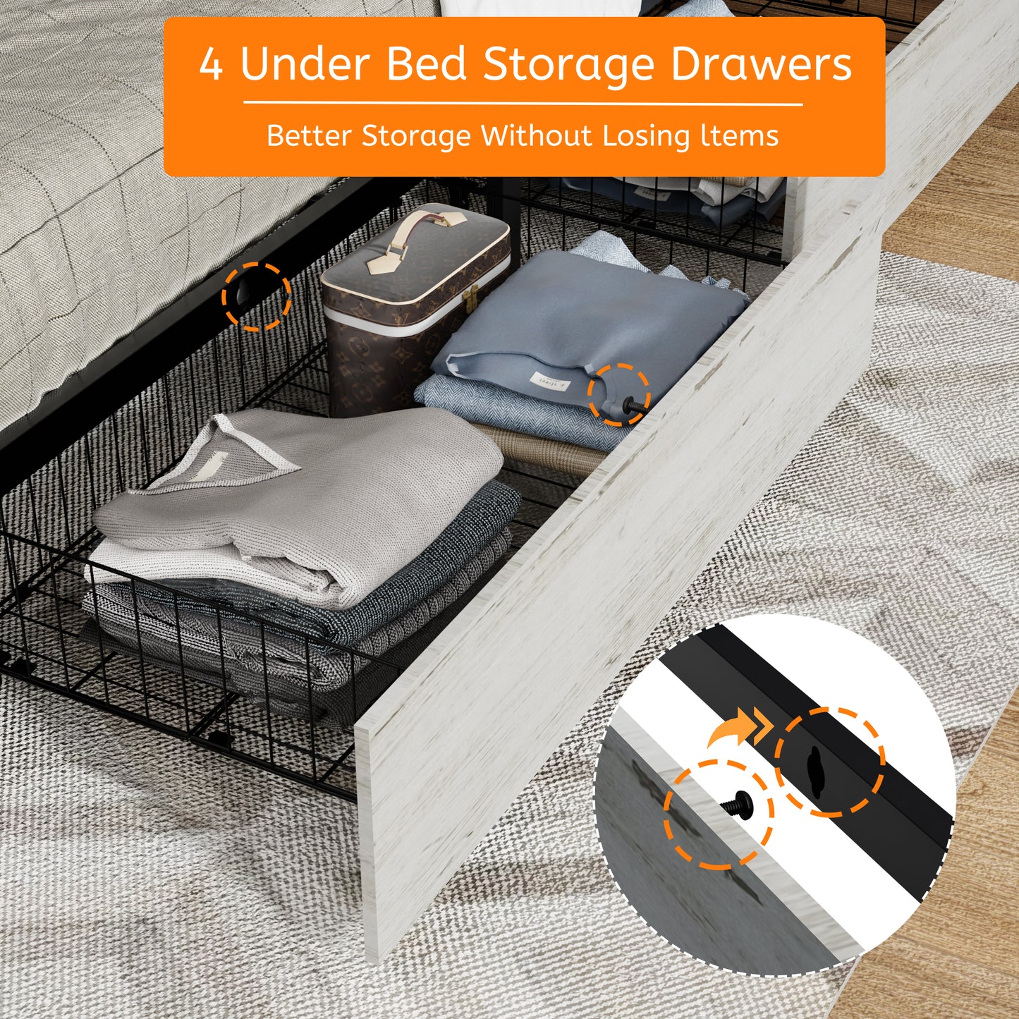 White washed wood under bed storage drawers with metal wire baskets filled with folded clothes