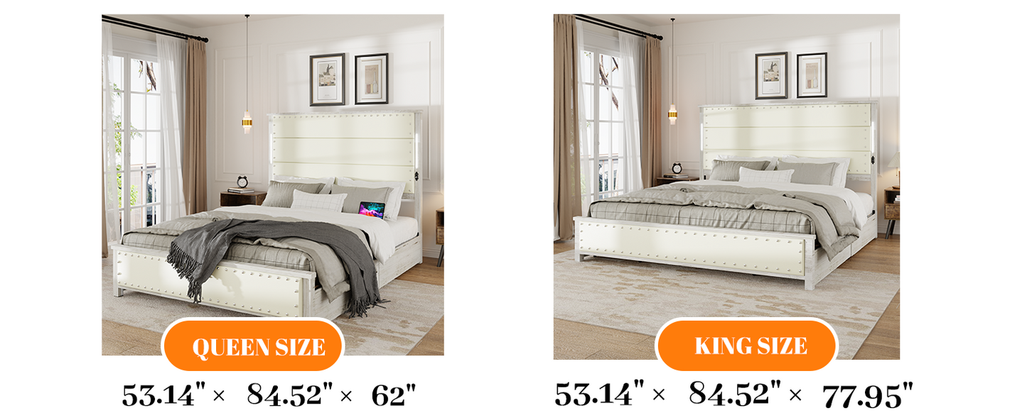 Upholstered queen size bed frame in cream with silver nailhead trim