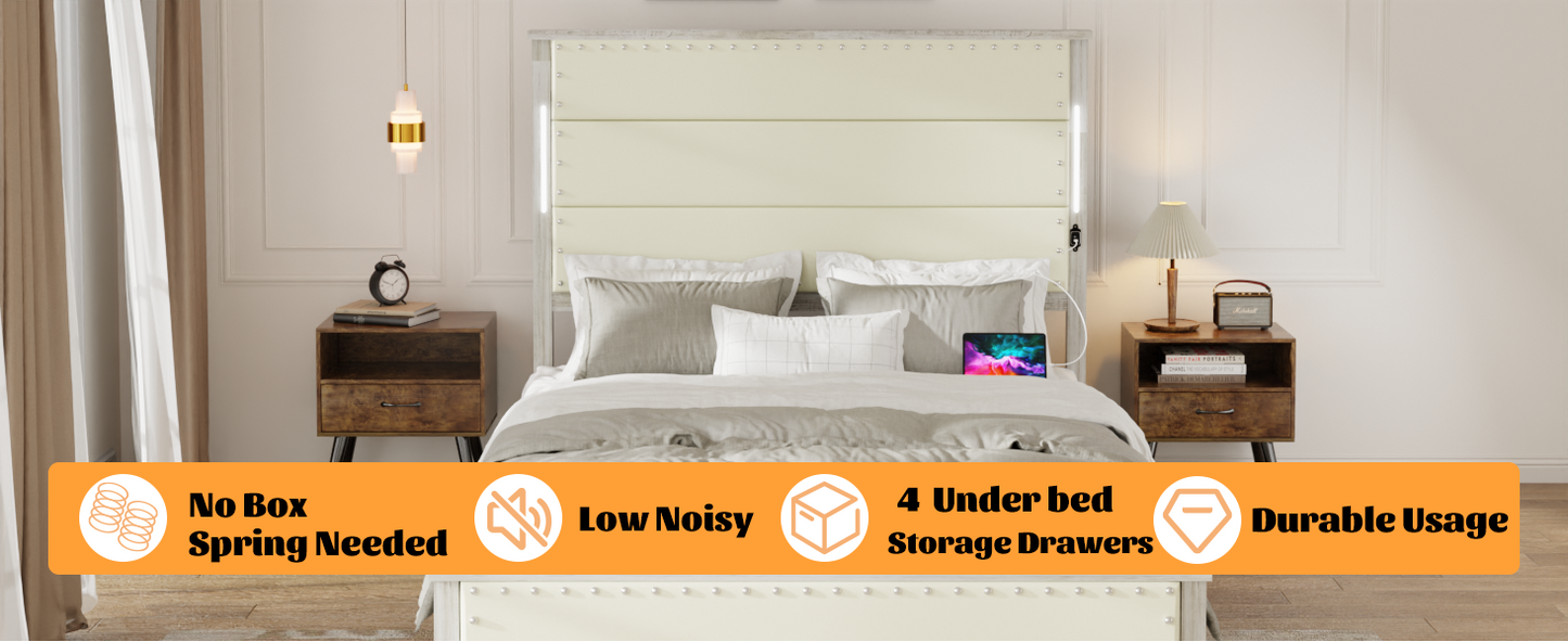 Cream upholstered headboard with builtin LED lights and studded detail